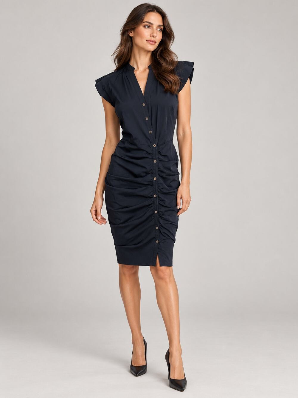Veronica Beard Sedgwick Ruched Button Front Shirt Dress Black Cotton Stretch 4